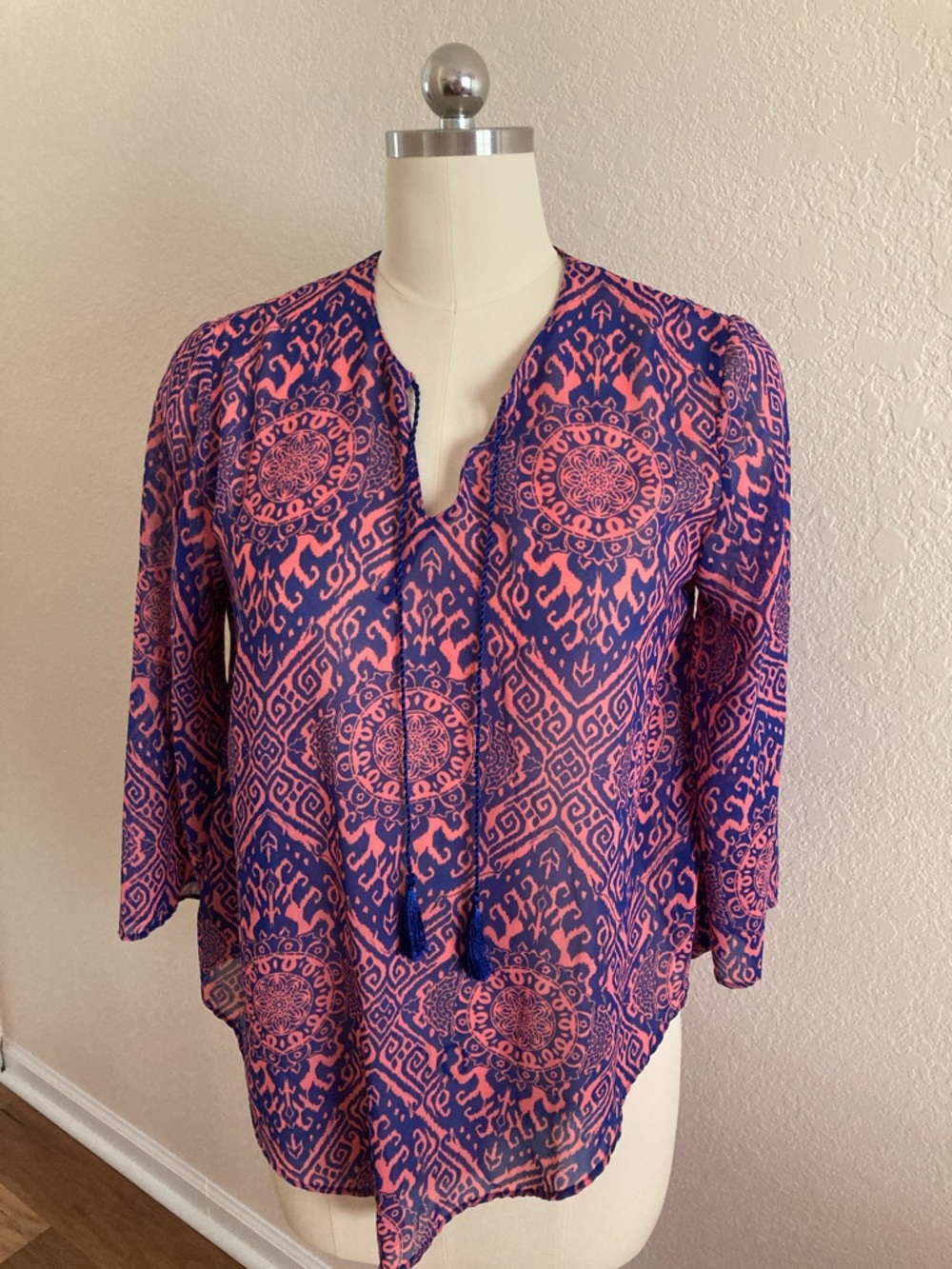 Banana Republic Navy and Coral Medallion Tie-Front Blouse